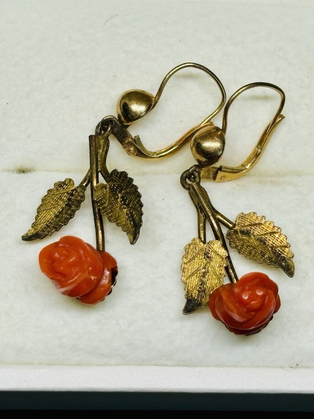Vintage Antique Victorian 14k & 10k Gold Carved Red Rose Coral Dangle Earrings